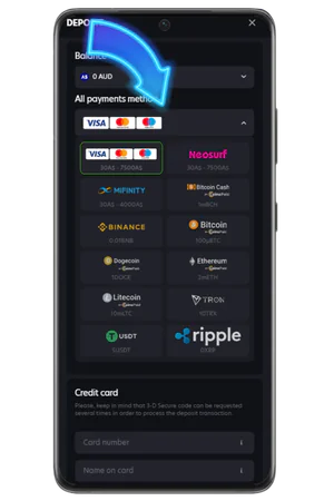 Neospin Casino deposit screen with bonus selection