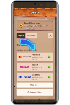StoneVegas Casino deposit screen with bonus selection