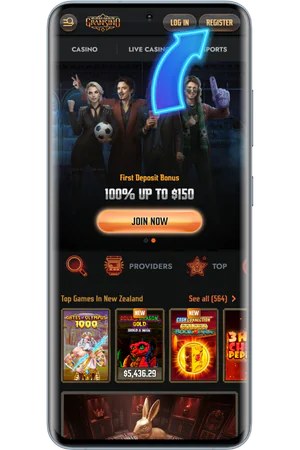 Casino homepage registration button