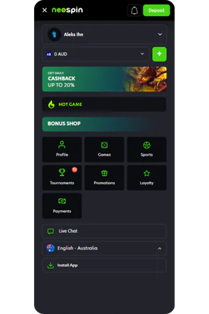 Neospin Casino navigation menu