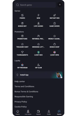 Slot Lounge Casino navigation menu